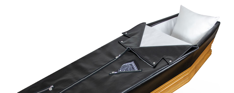 capiton pour cercueil funéraire en simili cuir noir avec poche souvenir